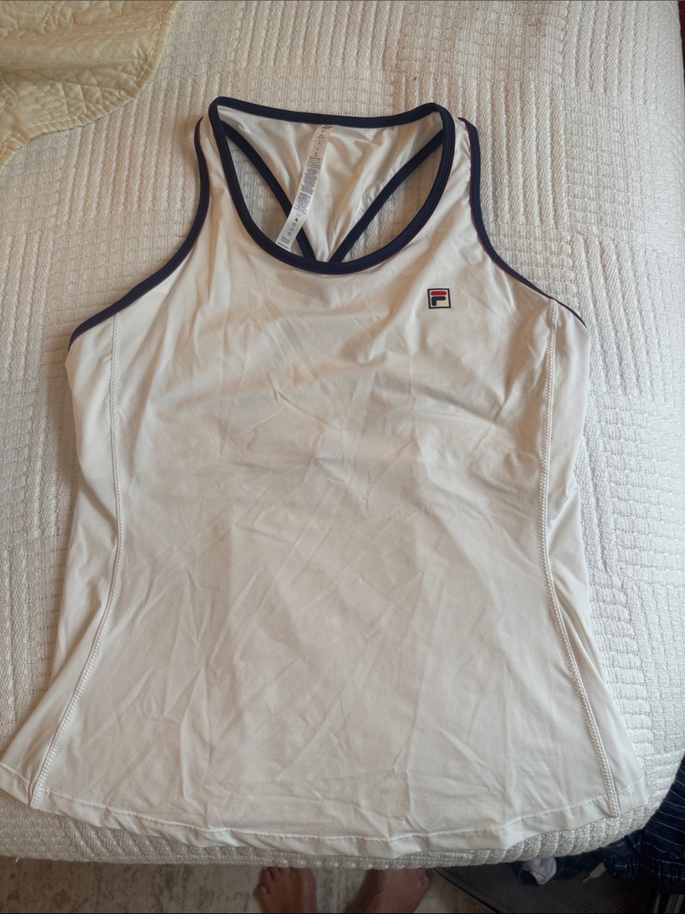 Fila White Racerback Athletic Tank with Navy Trim Self Bra